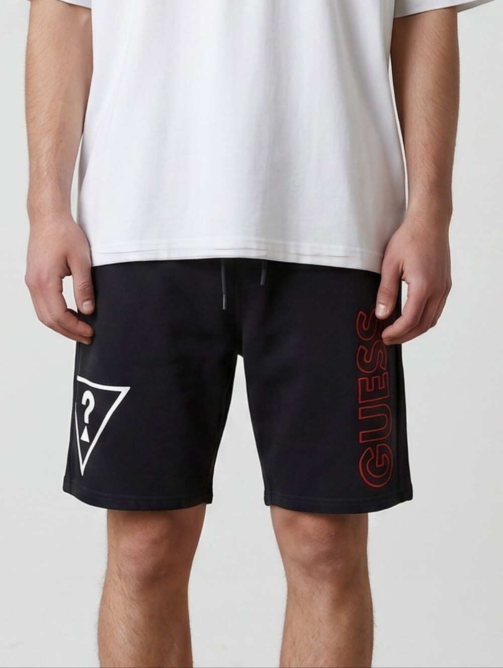 Guess Black Athletic Shorts with Red Logo and White Triangle